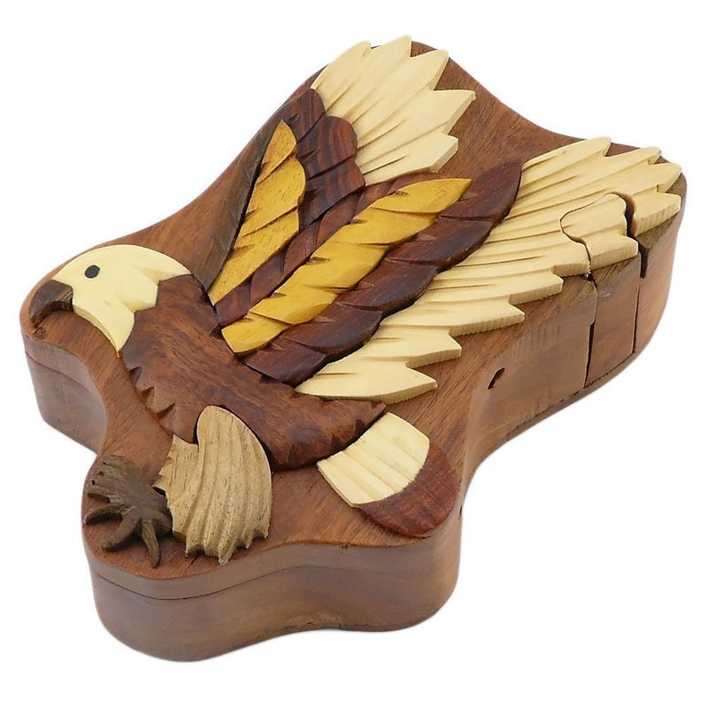 The Handcrafted Flying Eagle - Natural Wood Intarsia Puzzle Box - Handcrafted with Secret Compartment - Image 1